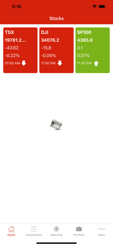 Stocks TSX Index Canada Lite - Stocks TSX Lite app home screen displaying market index prices for TSX DJI and SP500