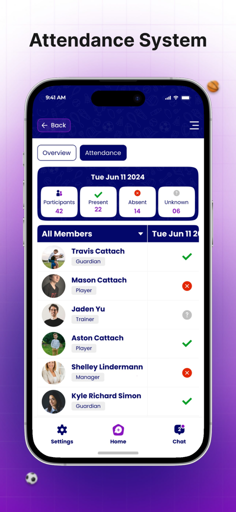 Interfaccia dell'app mobile che mostra il sistema di presenza SquadDeck con tracciamento dello stato dei membri per un club sportivo