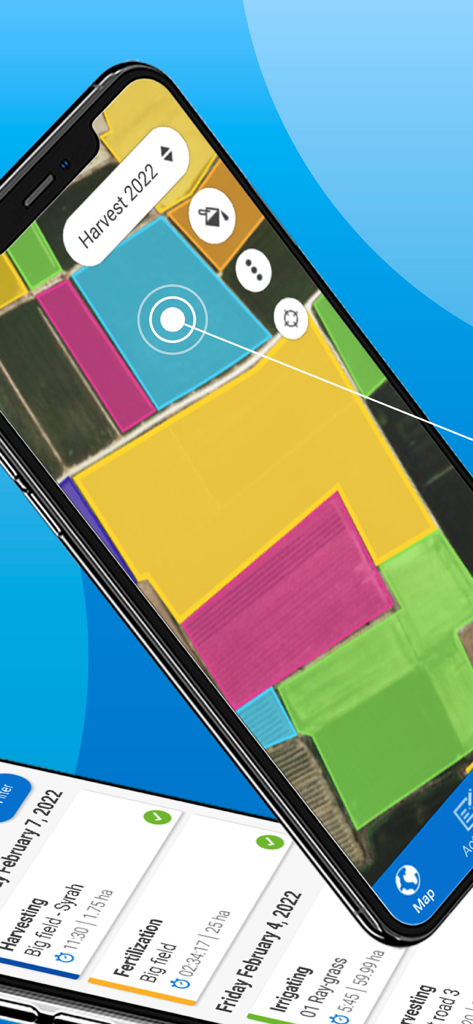 Agroptima - Interface do aplicativo móvel Agroptima mostrando um mapa codificado por cores de campos agrícolas e uma lista de atividades agrícolas registradas.