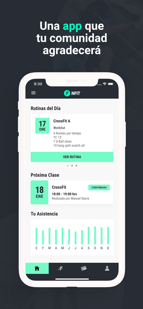 NFIT - NFIT app interface showing daily workout routines, class booking status, and monthly gym attendance statistics