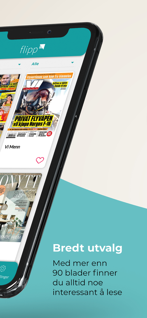 Flipp Norge - Vi MennやBonyttを含むさまざまなノルウェーの雑誌が表示されたフリップ・ノルウェーアプリを示すスマートフォンの画面。