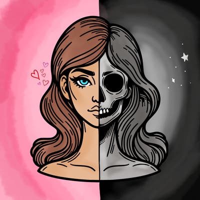 bust of a woman, half face and hair, half skull