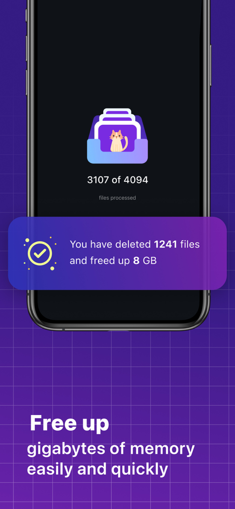 Photo Cleaner app interface showing 8GB of storage space freed