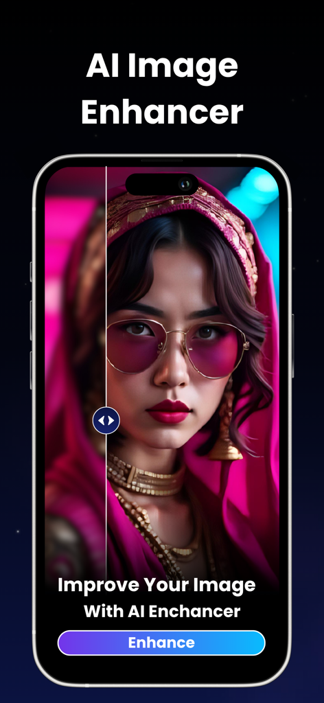 Playground AI: Image Generator - Función de potenciador de imágenes IA en la aplicación Playground AI que muestra una comparación antes y después de un retrato más nítido