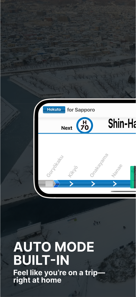 TrainLCD - Interfaz de la aplicación TrainLCD que muestra una pantalla de estación de tren estilo japonés sobre un paisaje nevado con el texto 'Modo Automático Integrado'