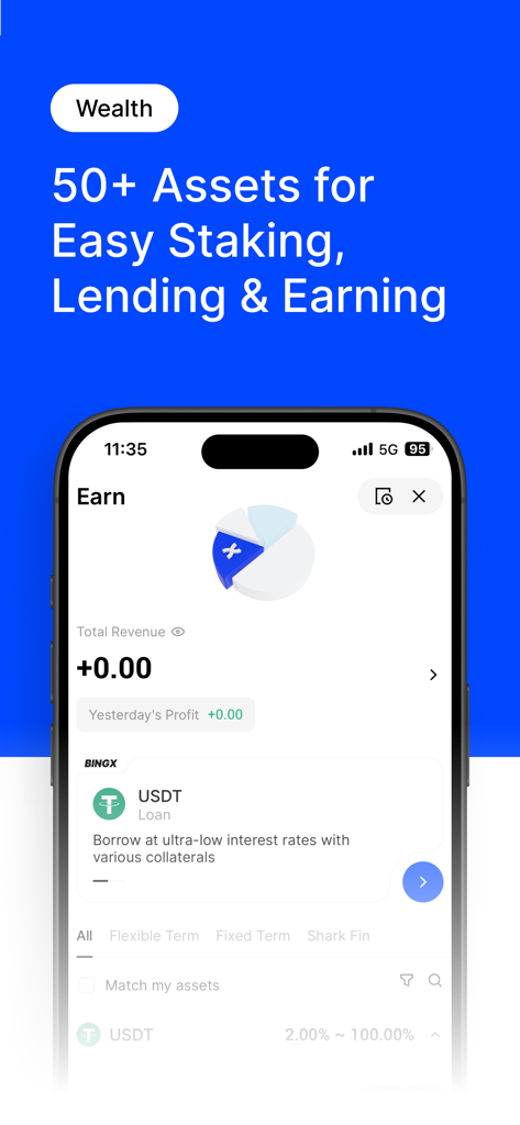 Écran de l'application mobile BingX montrant les fonctionnalités de gestion de patrimoine pour le staking et le prêt de crypto