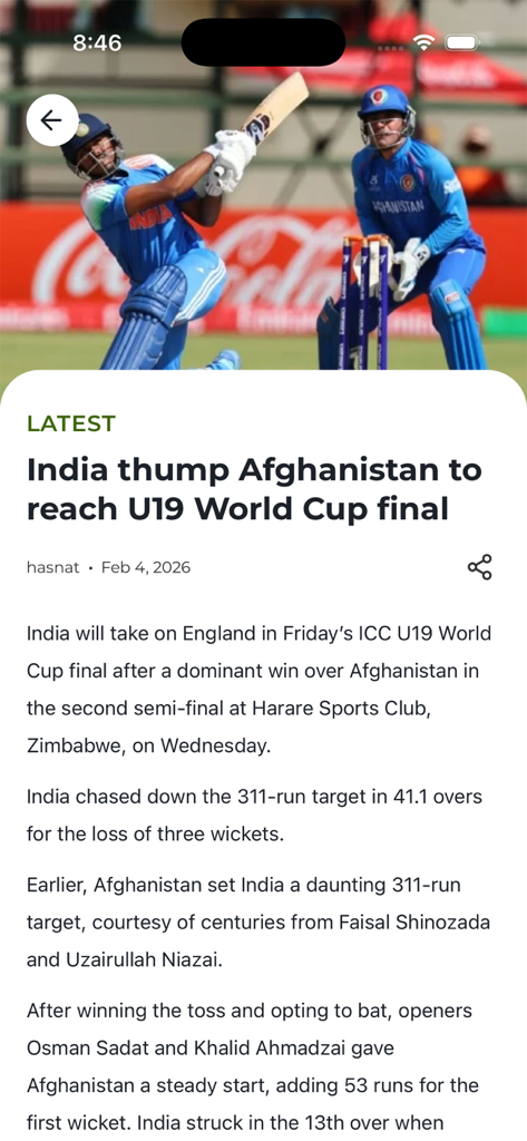 M Sports Pakistan - La pantalla de la aplicación móvil M Sports Pakistan mostrando un artículo de noticias de cricket sobre India derrotando a Afganistán en la semifinal de la Copa del Mundo Sub-19.