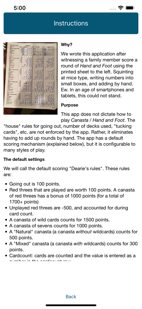 Instructions screen for the Hand and Foot Calculator app explaining default scoring rules and the app's purpose.
