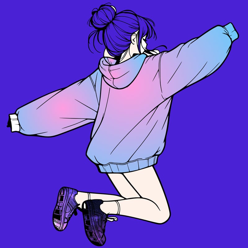 realistic girl jumping with a bun and oversized sweatshirt