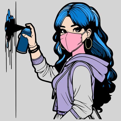 realistic girl with mask spray painting a wall