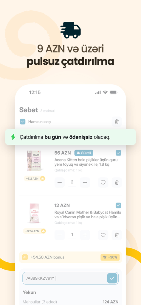 Biopet Shop - Online Zoomağaza - Interface du panier d'achat de l'application Biopet Shop montrant les produits d'aliments pour animaux et les détails de livraison gratuite