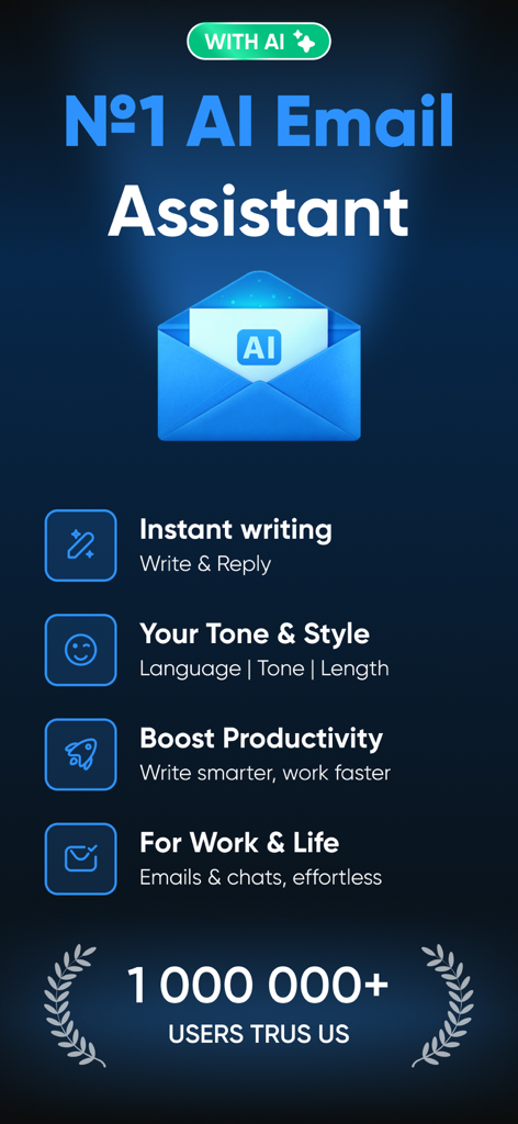 AI Email Writer: Lazy Mail - AI Email Writer Lazy Mail app overview showing key features like instant writing tone customization and productivity tools