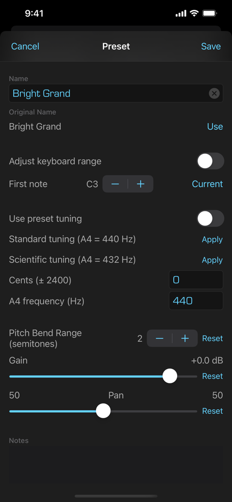 Interface for editing soundfont presets with tuning and range controls