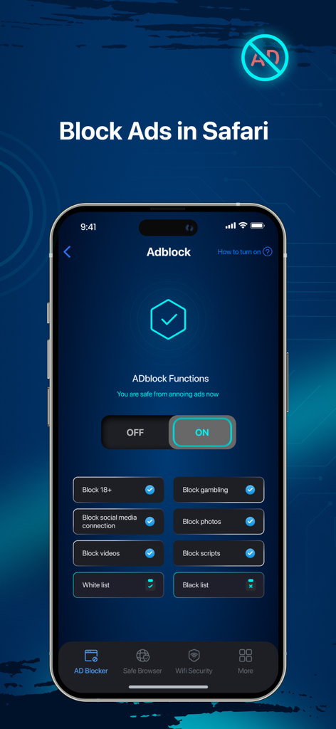 Safe Security App adblocker interface showing options to block ads and adult content on Safari