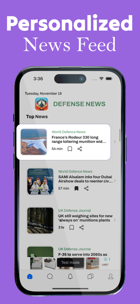Defense & Military News - Personalized news feed on the Defense and Military News app showing articles about defense technology and military updates.