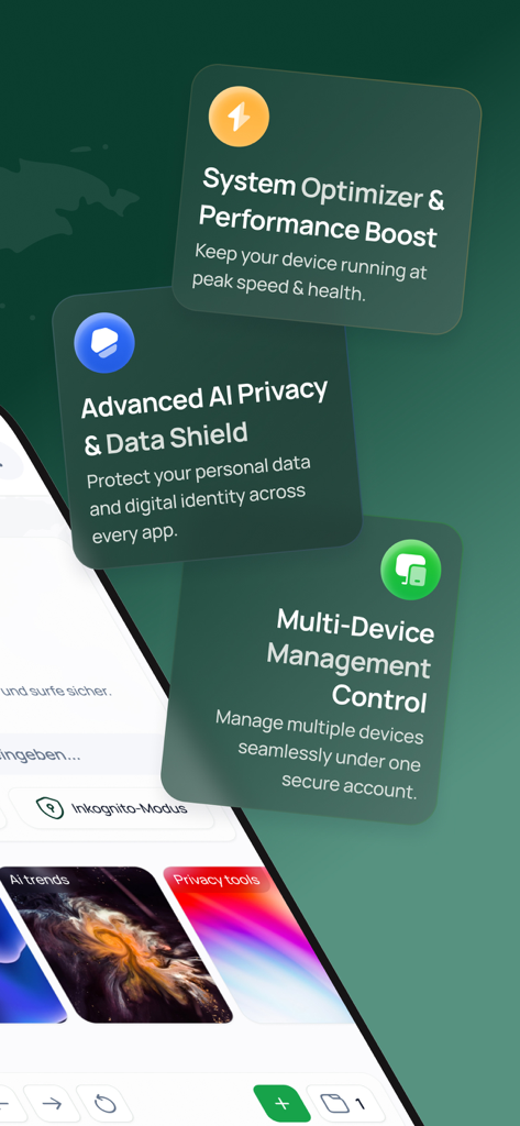 AVIRIS: Mobile Security, VPN - AVIRIS app interface displaying system optimization, AI privacy shield, and multi-device management features.