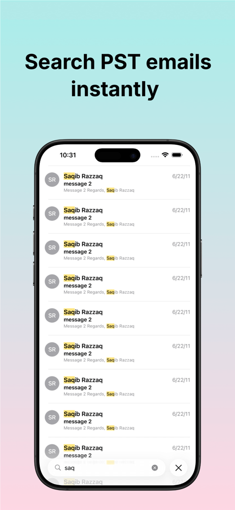 PST Mail Viewer - Una pantalla de iPhone que muestra los resultados de búsqueda de correos electrónicos PST de Outlook dentro de la aplicación PST Mail Viewer.
