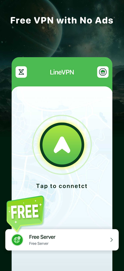 LineVPN: Fast Unlimited VPN - The main screen of the LineVPN app for iPhone showing a one tap connect button and no ads header.