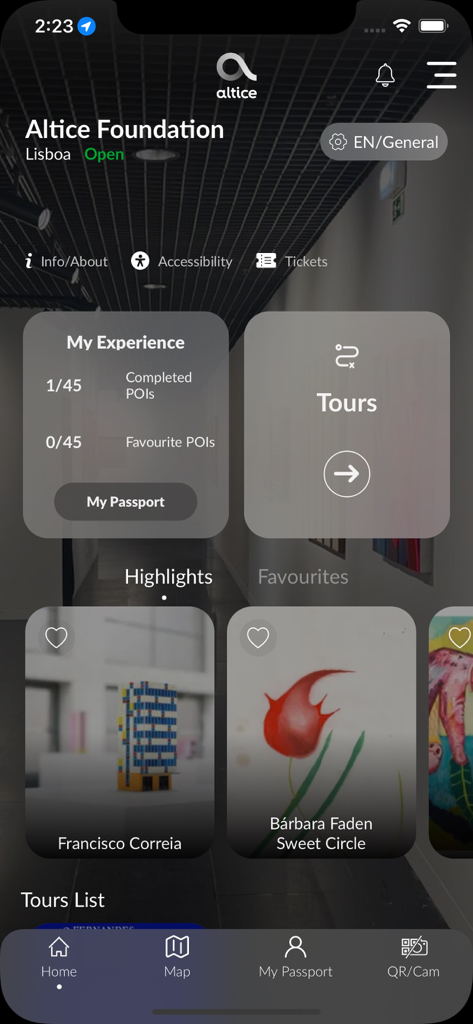 Fundação Altice - Tela inicial do aplicativo Altice Foundation mostrando destaques de arte contemporânea e opções de tour em Lisboa