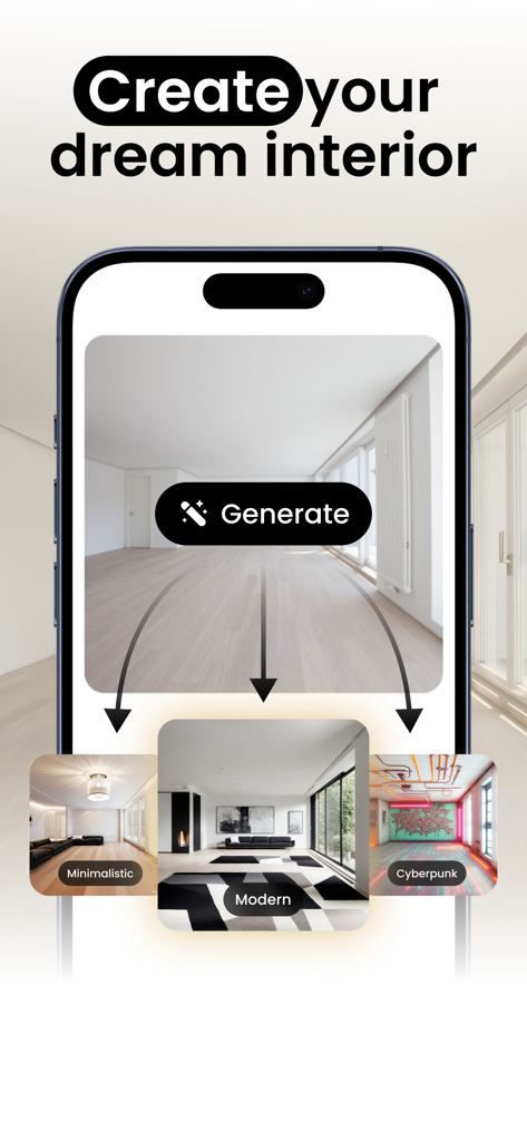 Interior design by Home AI - 1枚の部屋の写真から様々なインテリアデザインスタイルを生成するHome AIアプリを表示するスマートフォンのディスプレイ