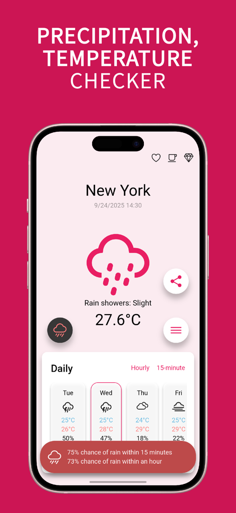 ニューヨークの降水と気温の予報を示す「Rain Precip Alarm」のモバイルアプリインターフェース。