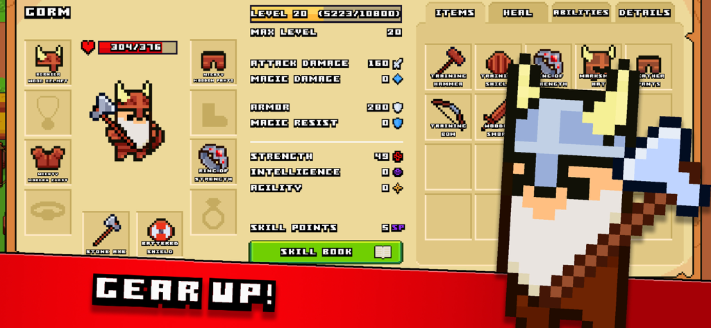 Pixel Tribe - Pantalla de estadísticas y equipamiento de personajes de Pixel Tribe, mostrando un vikingo de arte pixelado con varias armas y armaduras.