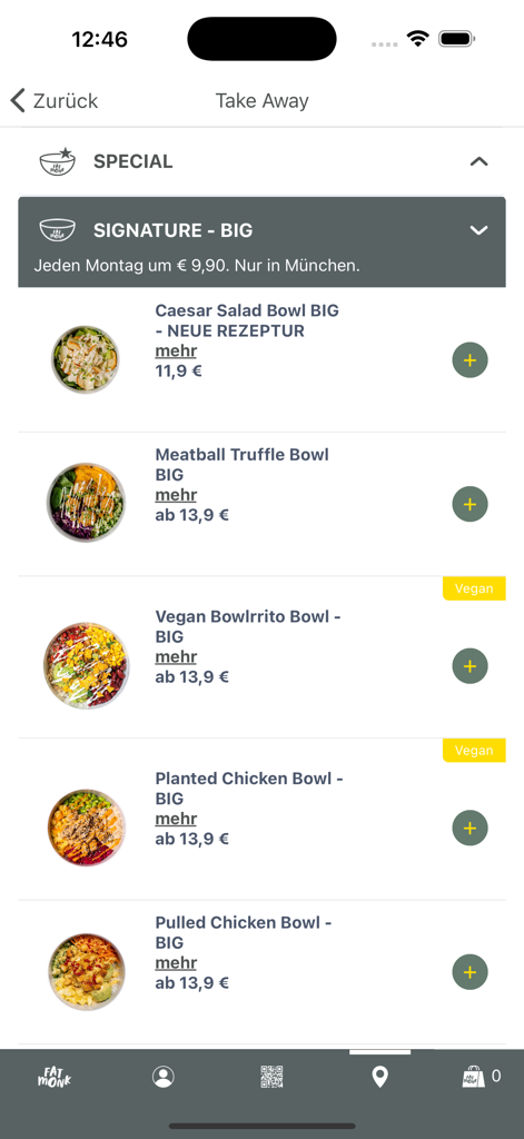 Fat Monk - Mobile app menu for Fat Monk showing a variety of healthy signature bowls for ordering
