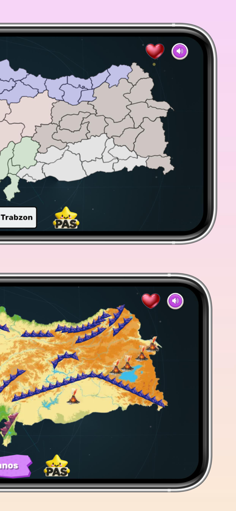 Captures d'écran d'une application éducative montrant des cartes interactives de la Turquie avec les provinces et les chaînes de montagnes.