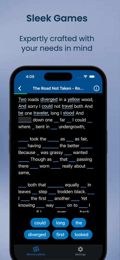Memorize By Heart - Mobile app interface showing a fill in the blank game for memorizing The Road Not Taken poem