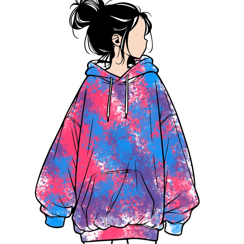 realistic girl with a oversized sweatshirt on and a bun