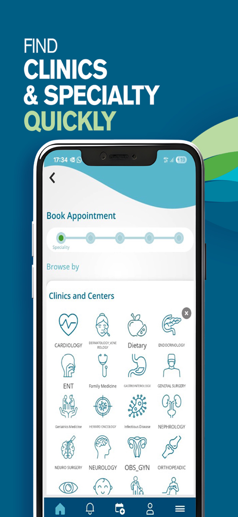 Pantalla de la aplicación CMC Beirut que muestra una lista de especialidades y clínicas médicas para reservar citas