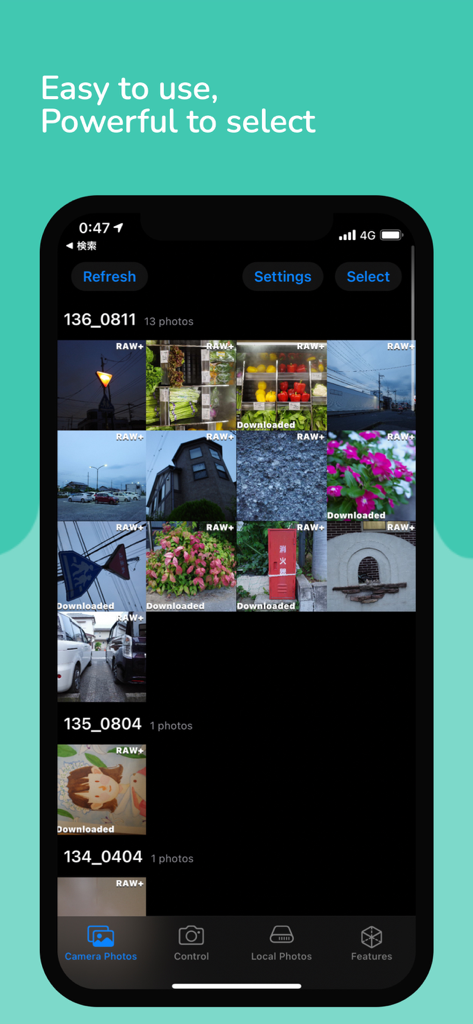 GR Remote Viewer Foto-Galerie-Oberfläche mit RAW-Bild-Miniaturen und Download-Status.