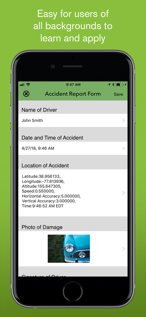 iForm mobile app interface displaying a digital accident report form with GPS tracking and photo fields.