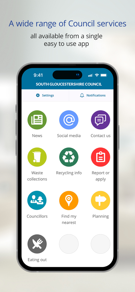 Startbildschirm der mobilen App des South Gloucestershire Council mit verschiedenen Service-Symbolen wie Nachrichten und Abfallsammlungen