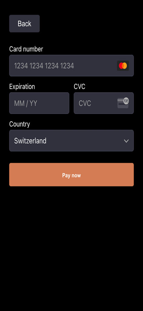 JURA Pocket Pilot V2 - Payment interface of the JURA Pocket Pilot V2 app showing fields for credit card number, expiration, CVC, and a pay now button.