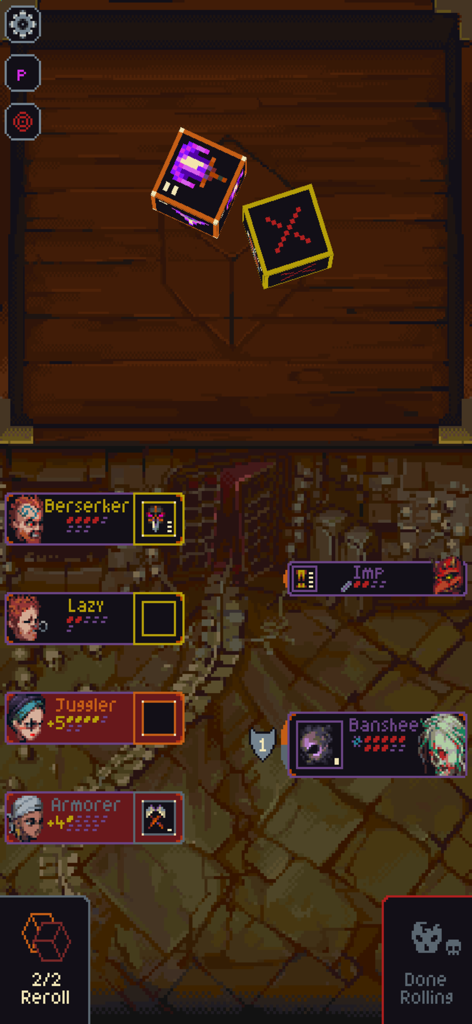 Slice & Dice - Taktischer Pixel-Art-Kampf in Slice and Dice, der Helden-Würfelwürfe und gegnerische Monster zeigt