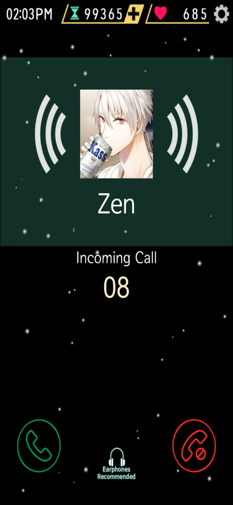 Incoming call screen from character Zen in Mystic Messenger