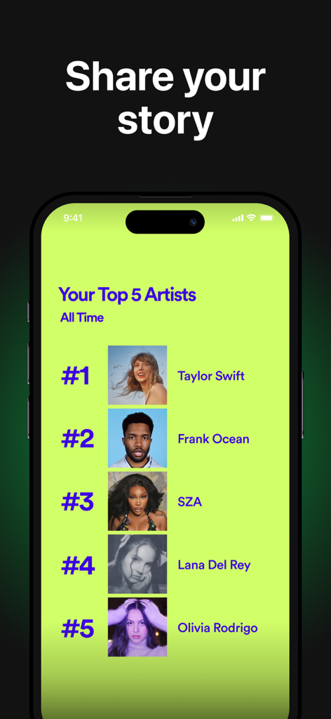 must.fm for Spotify Stats - Mobile app screen showing top 5 all time Spotify artists including Taylor Swift and SZA for social media sharing