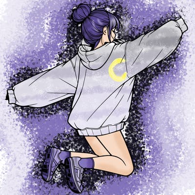 realistic girl jumping with a bun and oversized sweatshirt