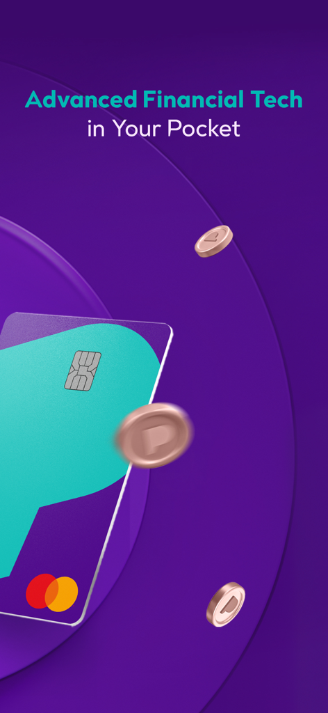 Param: Receive & Spend Money - Param app intro screen with a branded payment card and coins