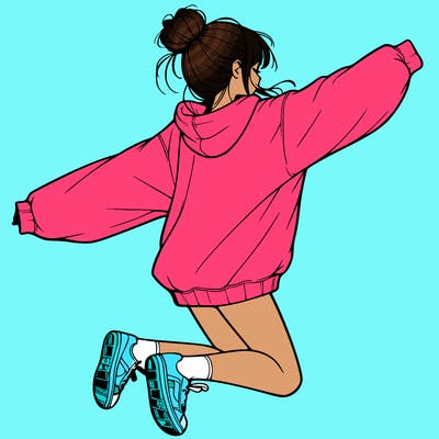 realistic girl jumping with a bun and oversized sweatshirt