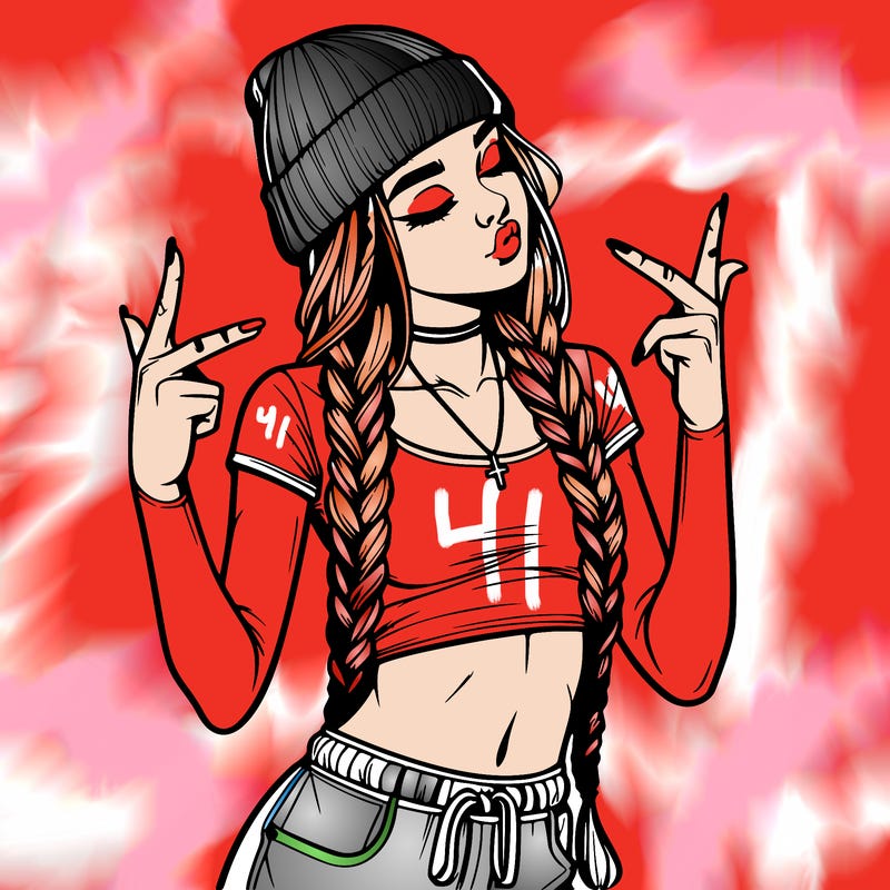 realistic teenage girl with braids and a beanie and crop top doing 🫶🏼