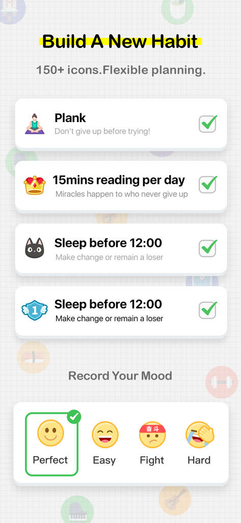 A screenshot of the iBetter app displaying a daily habit checklist and mood recording icons.