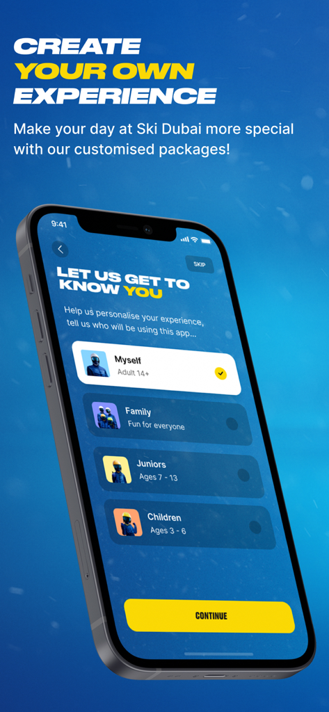개인, 가족, 주니어, 어린이를 위한 사용자 프로필을 선택하여 경험을 개인화하는 옵션을 보여주는 스키 두바이의 모바일 앱 화면