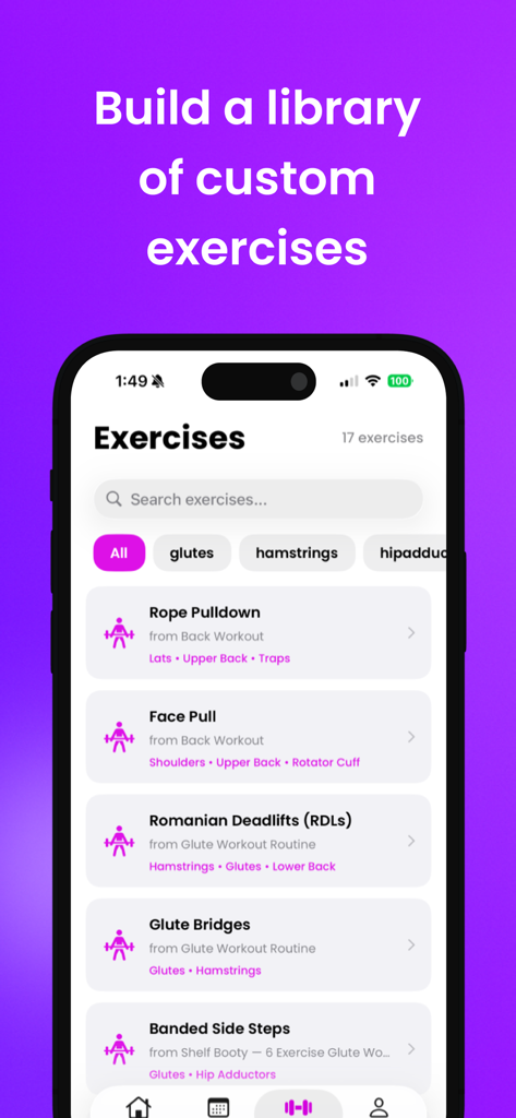 Tela do aplicativo móvel Gymdex mostrando uma biblioteca de exercícios personalizados, incluindo pontes de glúteo e levantamento terra com filtros de grupo muscular
