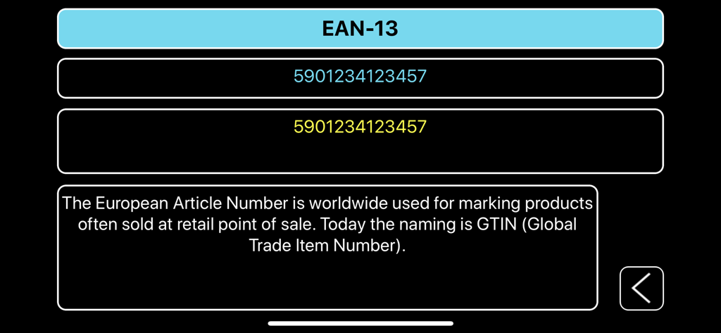 Schermata tecnica nell'app Controllo Codici a Barre che mostra informazioni EAN-13 e GTIN per la validazione della marcatura prodotto.