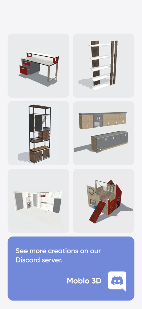 Moblo - 3D furniture modeling - A variety of 3D furniture designs including a desk bookshelf and kitchen layout created with Moblo