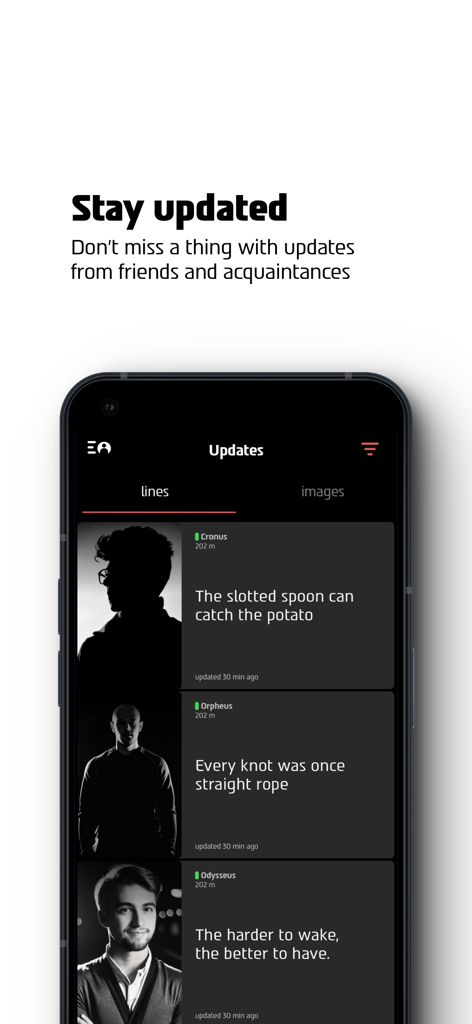 Atraf - dating app - Atraf app social feed screen displaying recent updates from local users in a list of text and photos