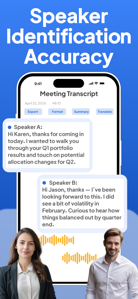 Transcribe AI Voice Note Taker - Interfaz de la aplicación Transcribe AI que muestra una transcripción de reunión con identificación precisa de hablantes y formas de onda de audio.