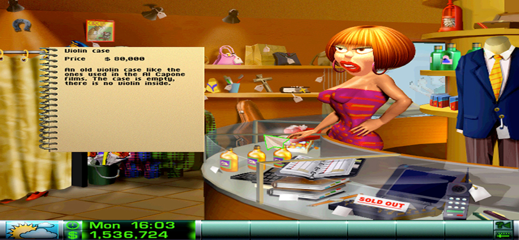 Airline Tycoon Deluxe - In game airport shop interface featuring a comic style character and a violin case item for sale.